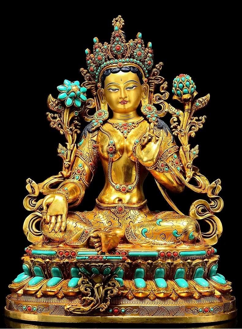 Full Gilded Green Tara Statue | Copper Buddhist Deity with Gem Inlay