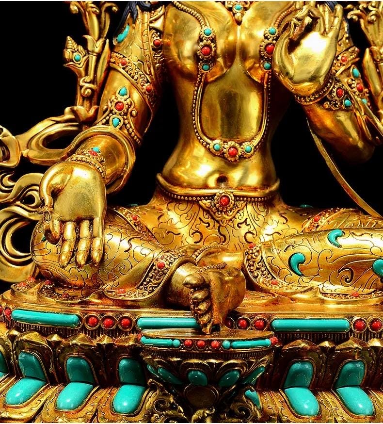 Full Gilded Green Tara Statue | Copper Buddhist Deity with Gem Inlay