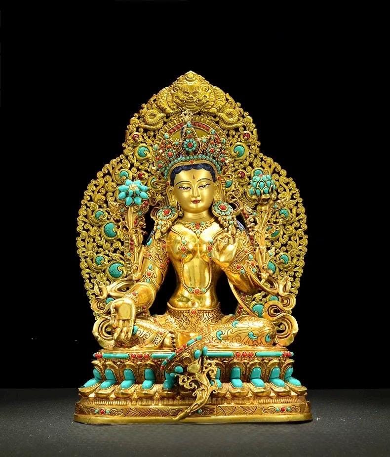 Full Gilded Green Tara Statue | Copper Buddhist Deity with Gem Inlay
