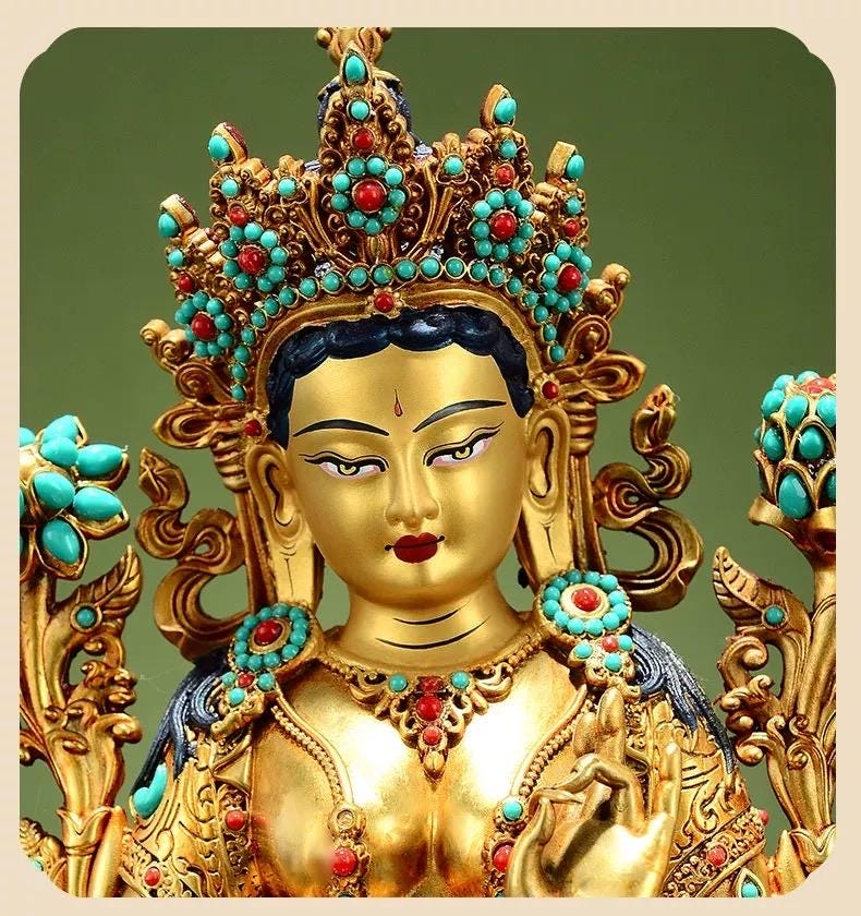 Full Gilded Green Tara Statue | Copper Buddhist Deity with Gem Inlay