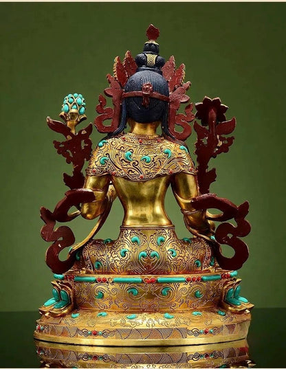 Full Gilded Green Tara Statue | Copper Buddhist Deity with Gem Inlay