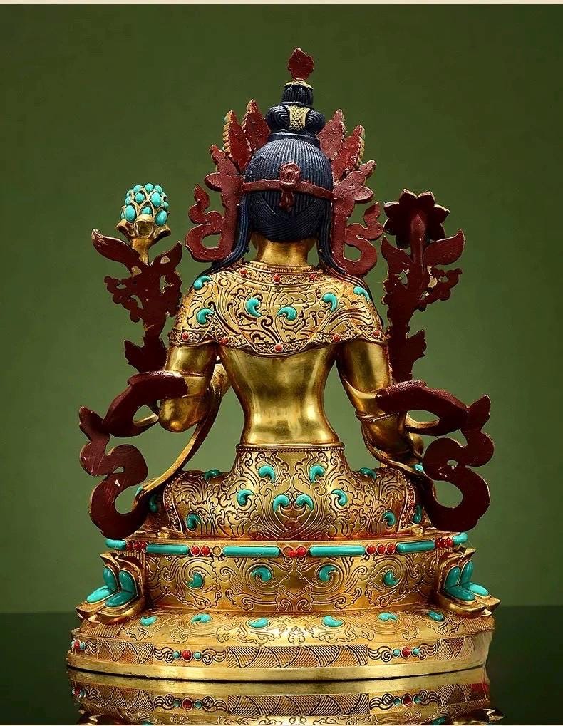 Full Gilded Green Tara Statue | Copper Buddhist Deity with Gem Inlay