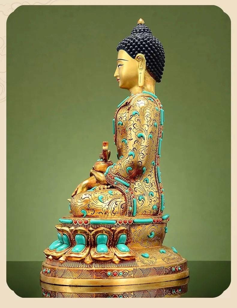 Full Gilded Medicine Buddha Statue | Copper Bhaisajyaguru with Gem Inlay