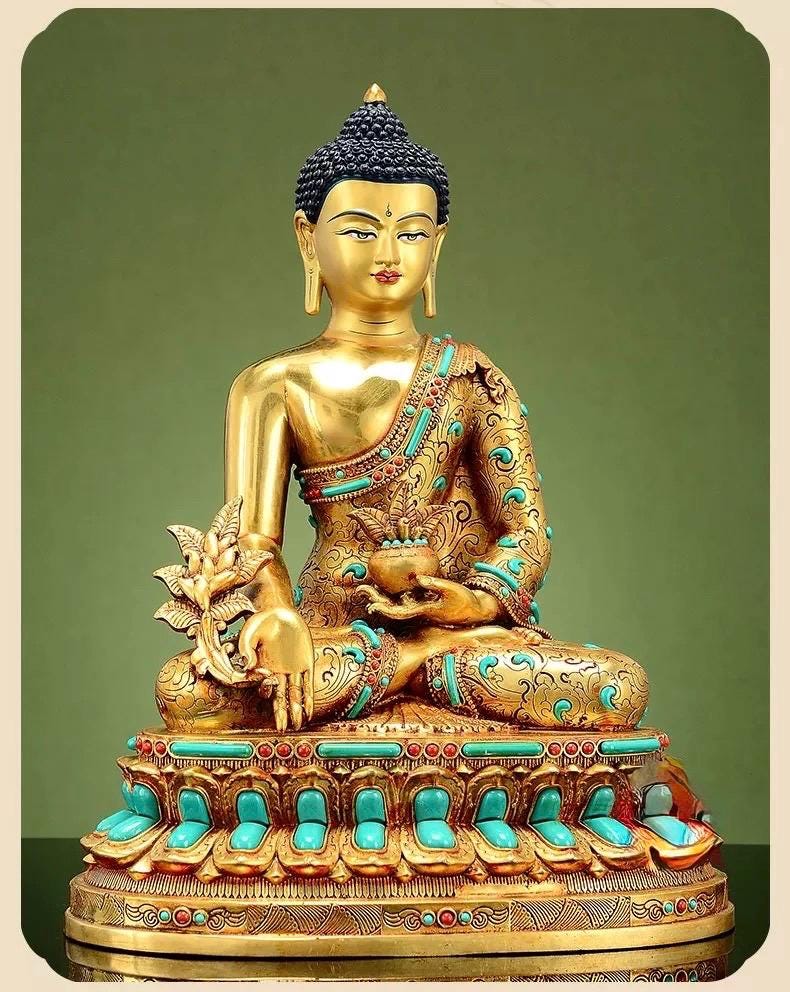 Full Gilded Medicine Buddha Statue | Copper Bhaisajyaguru with Gem Inlay