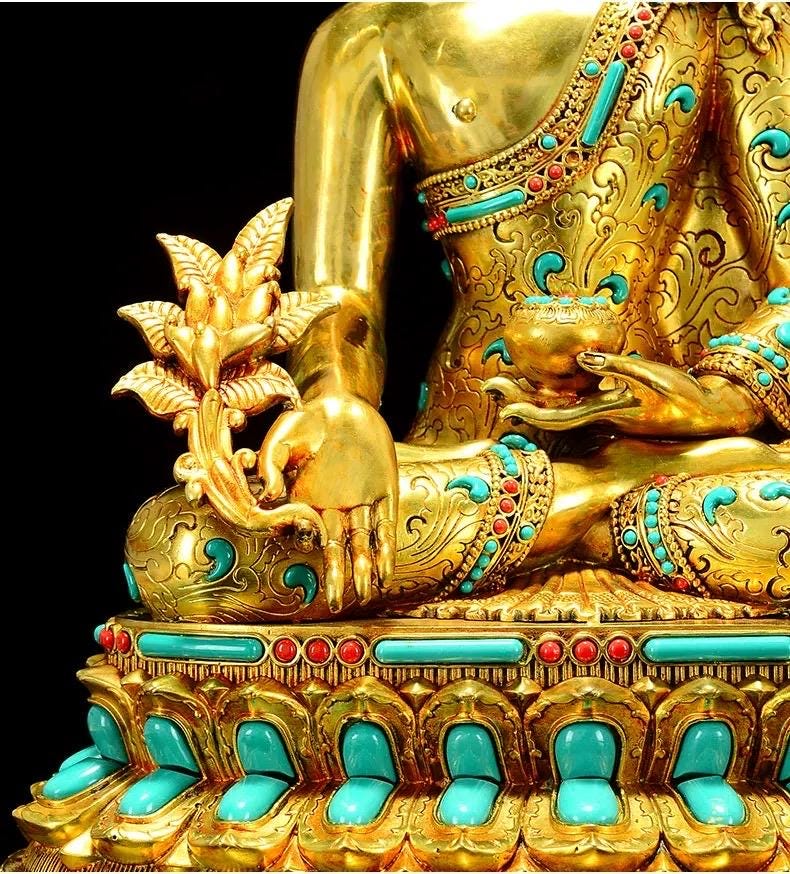 Full Gilded Medicine Buddha Statue | Copper Bhaisajyaguru with Gem Inlay