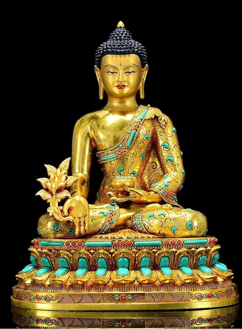 Full Gilded Medicine Buddha Statue | Copper Bhaisajyaguru with Gem Inlay