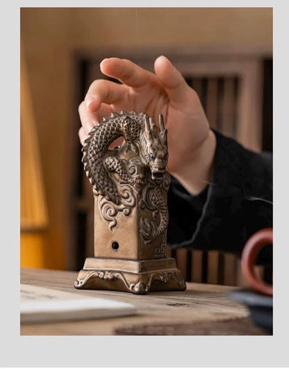 Handmade Ceramic Coiling Dragon Seal Incense Burner, Chinese Style Stamp Incense Holder for Desk, Altar, Tea Table, Home Decor Gift