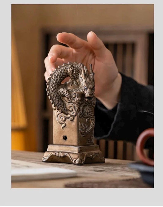 Handmade Ceramic Coiling Dragon Seal Incense Burner, Chinese Style Stamp Incense Holder for Desk, Altar, Tea Table, Home Decor Gift