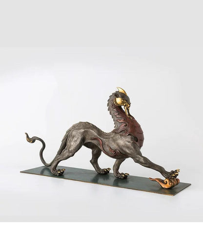 Mythical Beast Pi Xiu Statue, Chinese Guardian Lion Color Copper Art, Feng Shui Home Office Decor, Housewarming Gift, Good Luck Sculpture