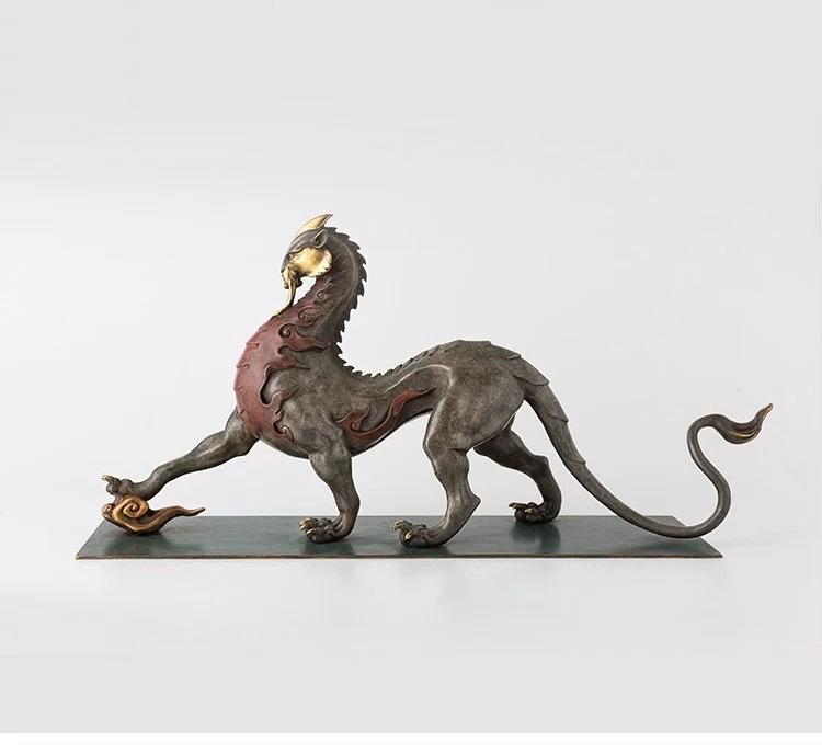 Mythical Beast Pi Xiu Statue, Chinese Guardian Lion Color Copper Art, Feng Shui Home Office Decor, Housewarming Gift, Good Luck Sculpture