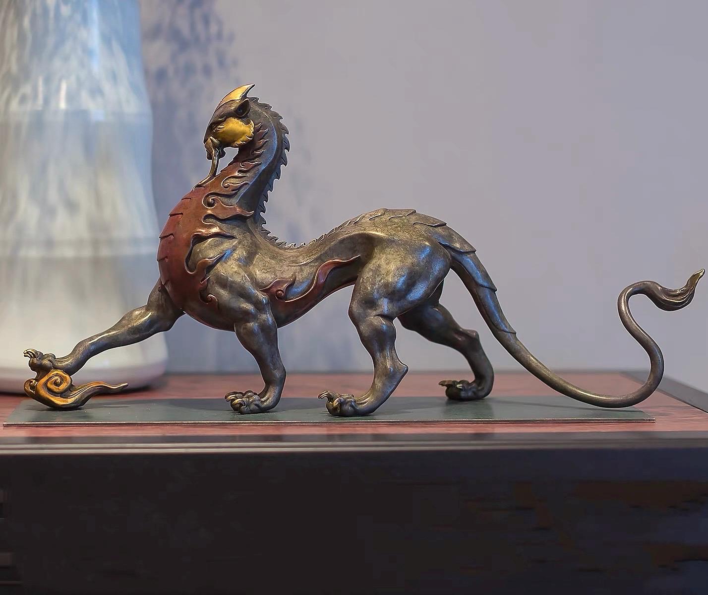 Mythical Beast Pi Xiu Statue, Chinese Guardian Lion Color Copper Art, Feng Shui Home Office Decor, Housewarming Gift, Good Luck Sculpture