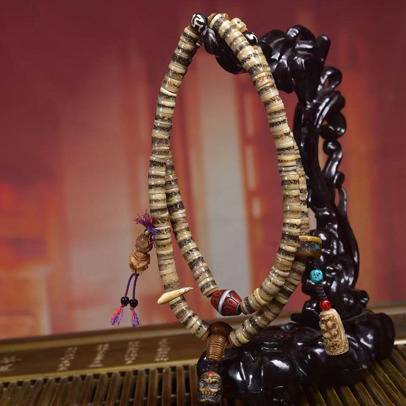 Old Tibetan 108 Yak Bone Mala - Vintage Skull Shape Kapala Prayer Beads for Meditation, Buddhist Rosary with Citipati Accent