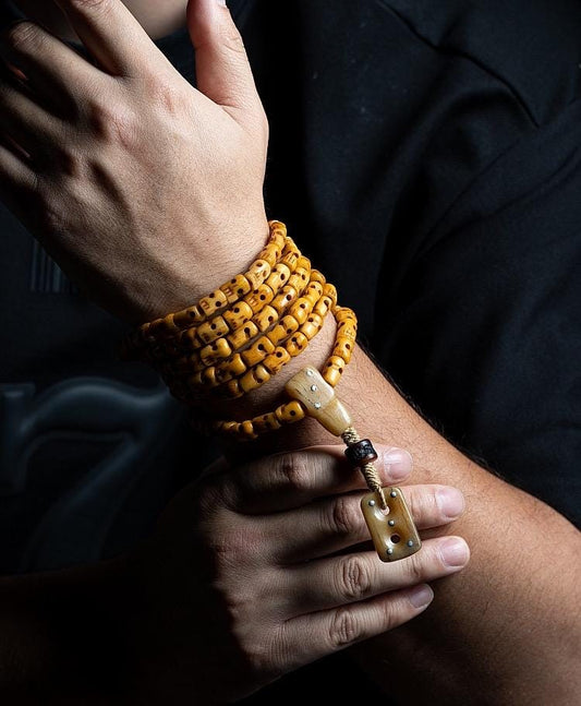 Handmade Tibetan Yak Bone Skull Mala - 108 Prayer Beads for Meditation, Buddhist Ritual, Unique Gothic Jewelry, Natural Old Ox Bone Carving