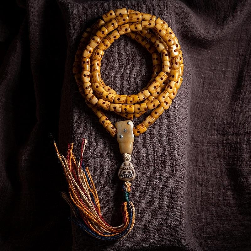 Handmade Tibetan Yak Bone Skull Mala - 108 Prayer Beads for Meditation, Buddhist Ritual, Unique Gothic Jewelry, Natural Old Ox Bone Carving