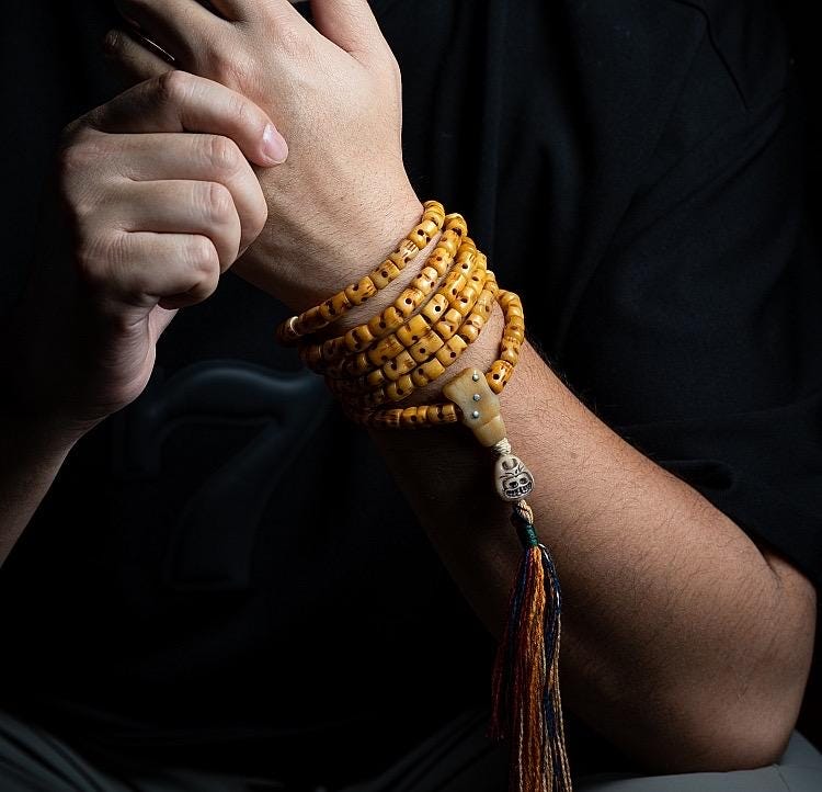 Handmade Tibetan Yak Bone Skull Mala - 108 Prayer Beads for Meditation, Buddhist Ritual, Unique Gothic Jewelry, Natural Old Ox Bone Carving
