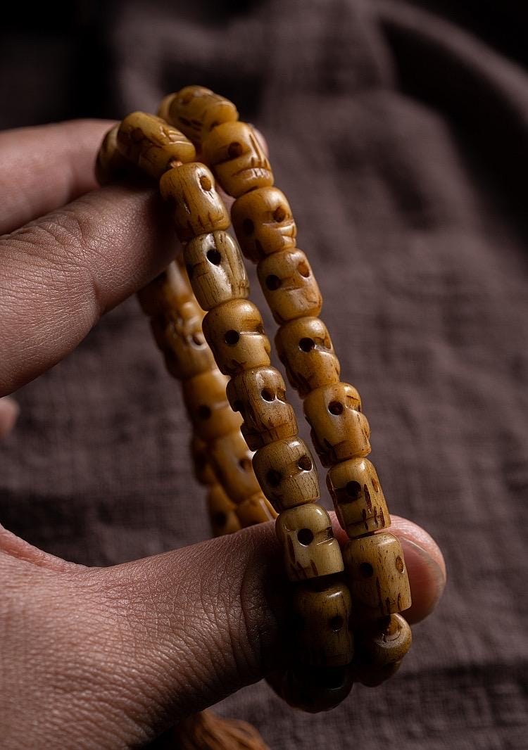 Handmade Tibetan Yak Bone Skull Mala - 108 Prayer Beads for Meditation, Buddhist Ritual, Unique Gothic Jewelry, Natural Old Ox Bone Carving