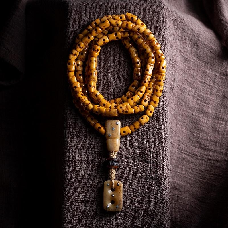 Handmade Tibetan Yak Bone Skull Mala - 108 Prayer Beads for Meditation, Buddhist Ritual, Unique Gothic Jewelry, Natural Old Ox Bone Carving