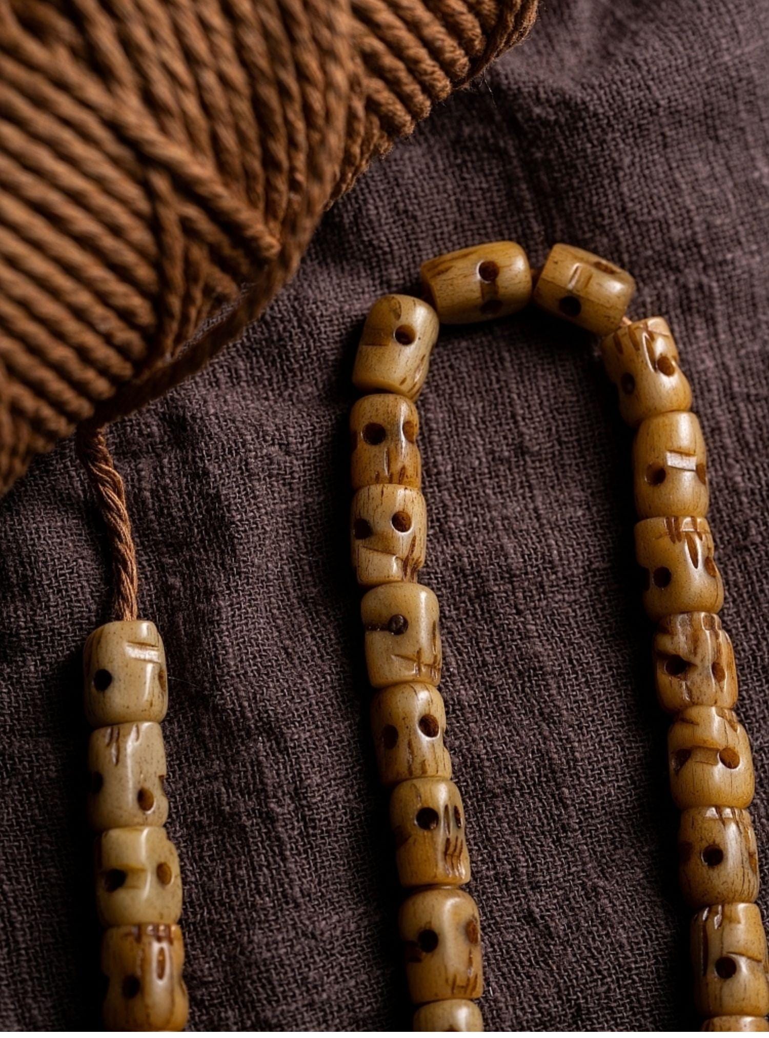 Handmade Tibetan Yak Bone Skull Mala - 108 Prayer Beads for Meditation, Buddhist Ritual, Unique Gothic Jewelry, Natural Old Ox Bone Carving