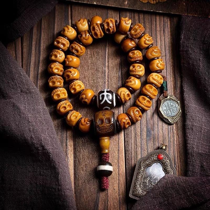 Handcrafted Yak Bone Skull Mala Bracelet: Tibetan Prayer Beads