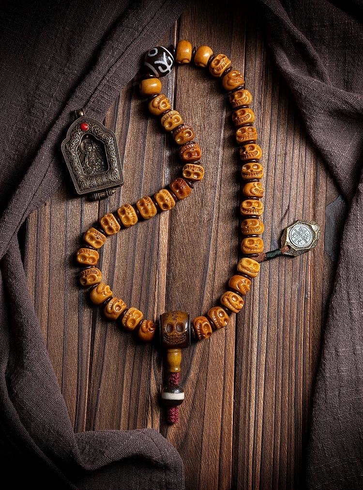 Handcrafted Yak Bone Skull Mala Bracelet: Tibetan Prayer Beads