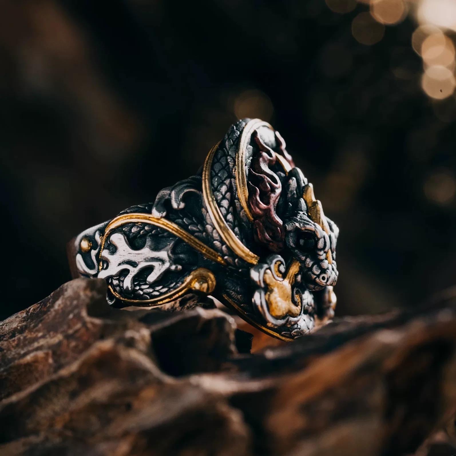 Original Green Snake Ring, Hand-Carved 925 Sterling Silver Gold Plated Men's Ring, Chinese Zodiac Year of the Snake Jewelry