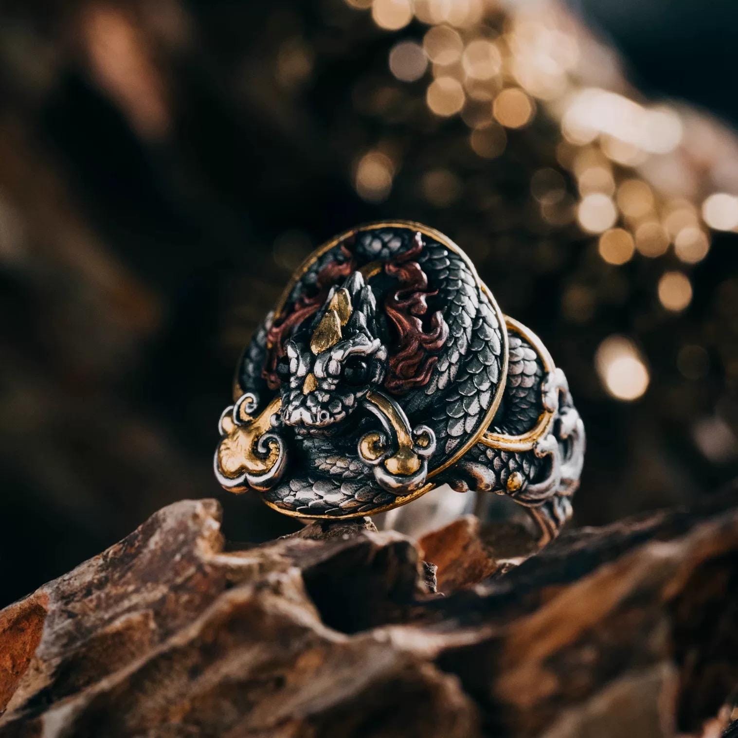 Original Green Snake Ring, Hand-Carved 925 Sterling Silver Gold Plated Men's Ring, Chinese Zodiac Year of the Snake Jewelry