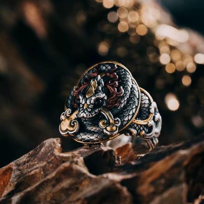 Original Green Snake Ring, Hand-Carved 925 Sterling Silver Gold Plated Men's Ring, Chinese Zodiac Year of the Snake Jewelry