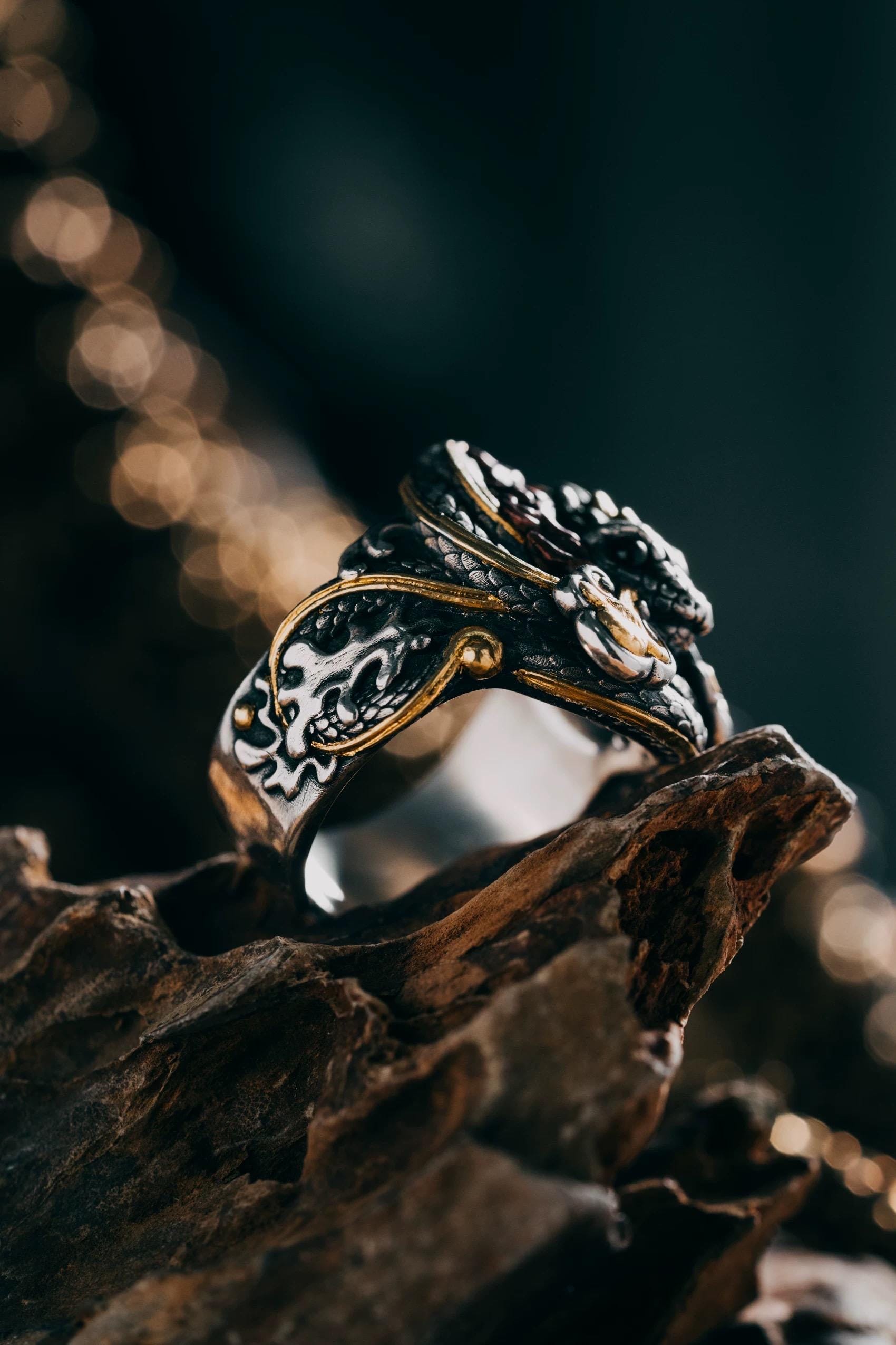 Original Green Snake Ring, Hand-Carved 925 Sterling Silver Gold Plated Men's Ring, Chinese Zodiac Year of the Snake Jewelry