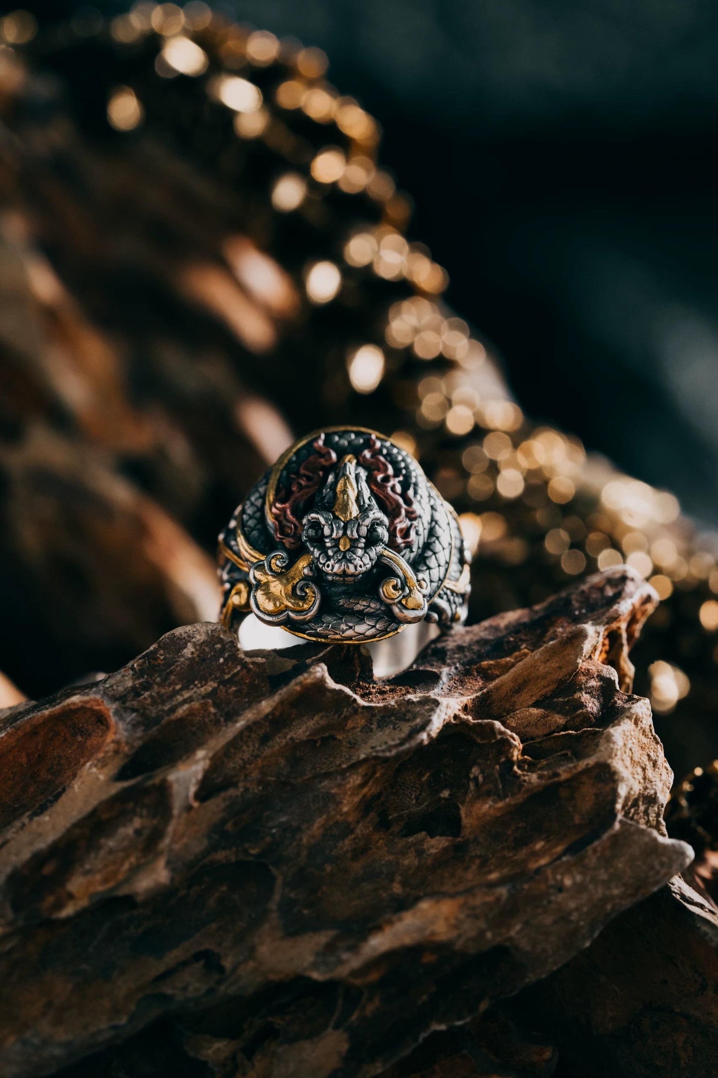 Original Green Snake Ring, Hand-Carved 925 Sterling Silver Gold Plated Men's Ring, Chinese Zodiac Year of the Snake Jewelry