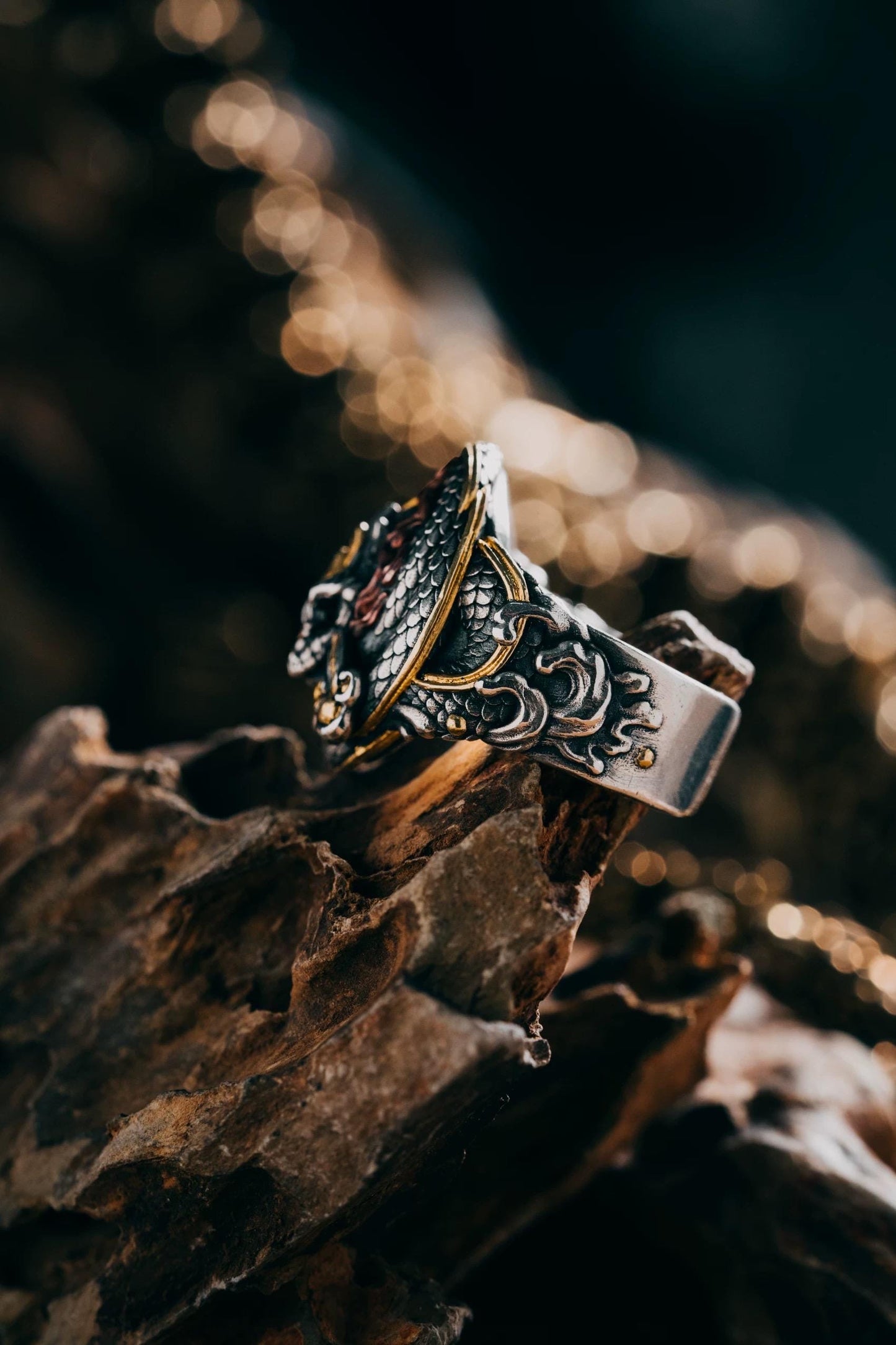 Original Green Snake Ring, Hand-Carved 925 Sterling Silver Gold Plated Men's Ring, Chinese Zodiac Year of the Snake Jewelry