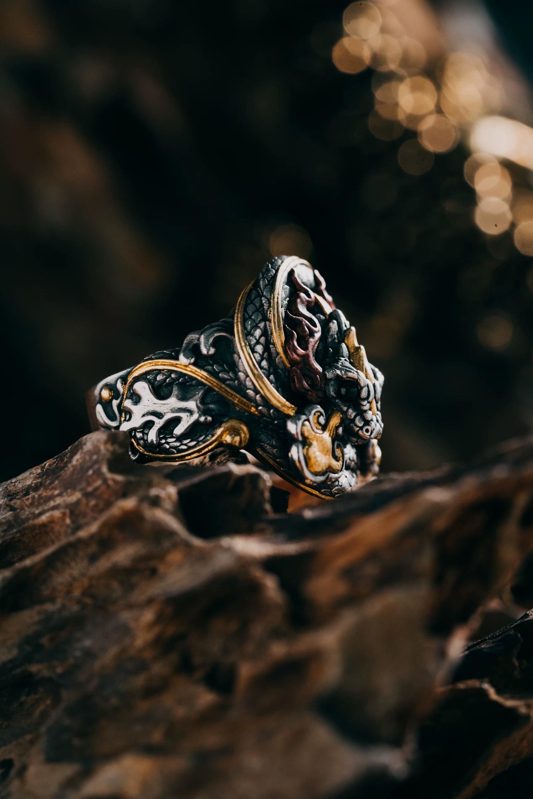 Original Green Snake Ring, Hand-Carved 925 Sterling Silver Gold Plated Men's Ring, Chinese Zodiac Year of the Snake Jewelry