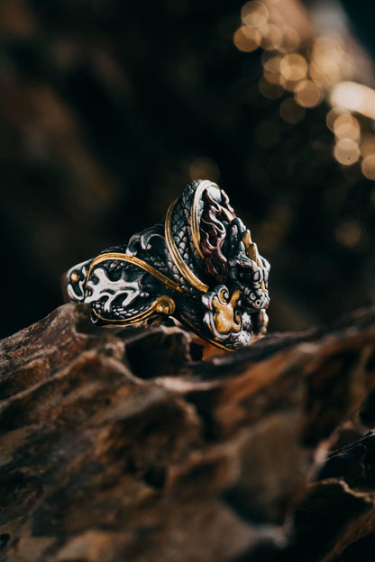 Original Green Snake Ring, Hand-Carved 925 Sterling Silver Gold Plated Men's Ring, Chinese Zodiac Year of the Snake Jewelry
