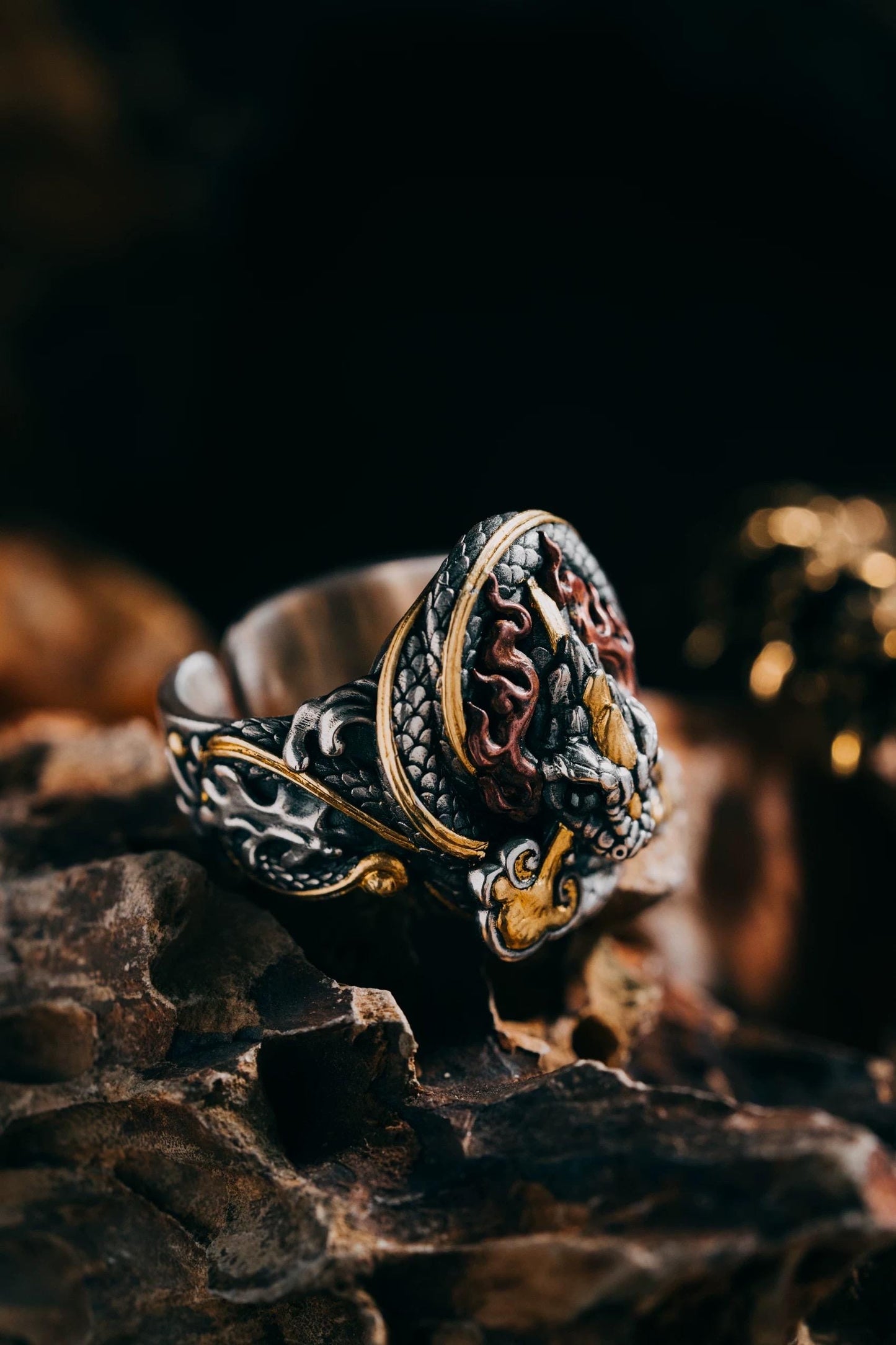 Original Green Snake Ring, Hand-Carved 925 Sterling Silver Gold Plated Men's Ring, Chinese Zodiac Year of the Snake Jewelry