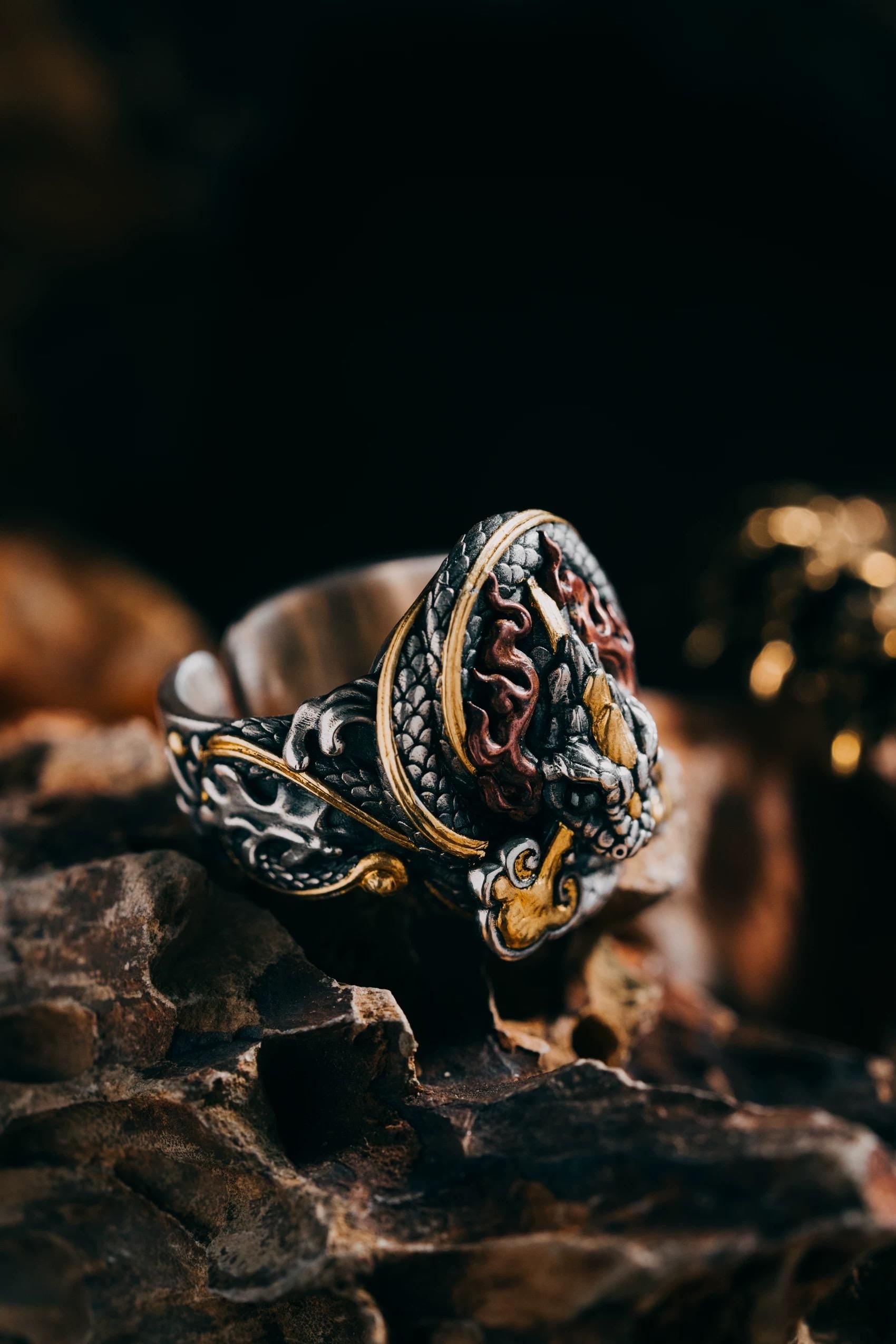 Original Green Snake Ring, Hand-Carved 925 Sterling Silver Gold Plated Men's Ring, Chinese Zodiac Year of the Snake Jewelry