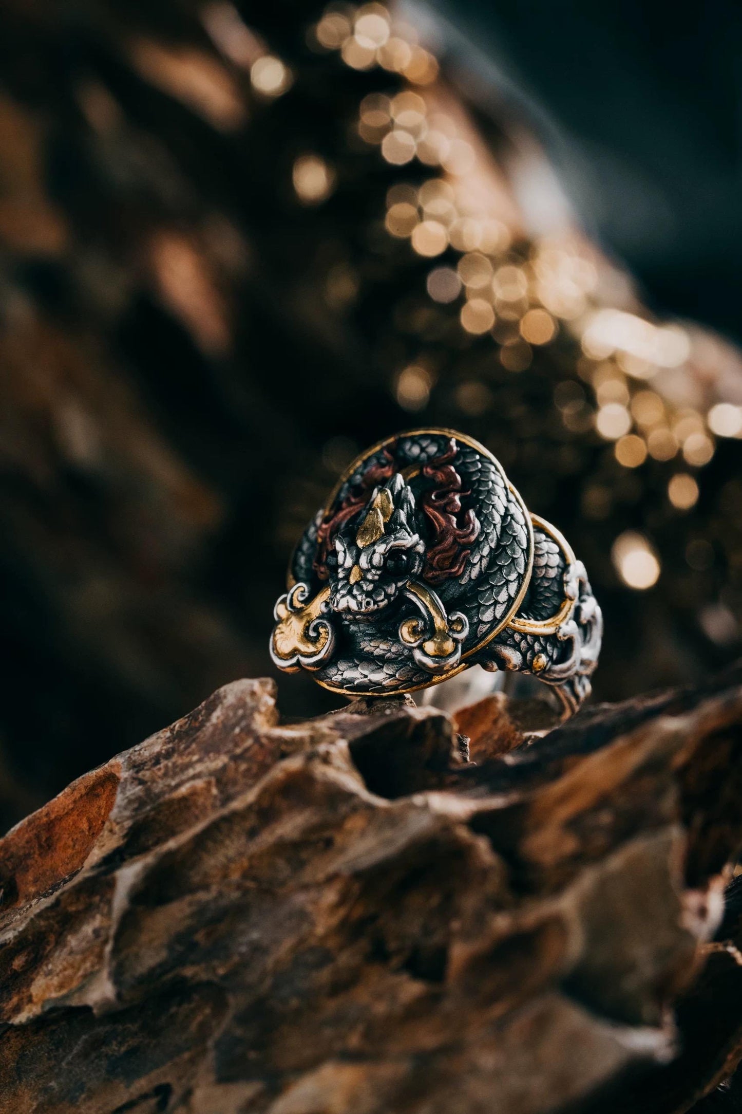 Original Green Snake Ring, Hand-Carved 925 Sterling Silver Gold Plated Men's Ring, Chinese Zodiac Year of the Snake Jewelry