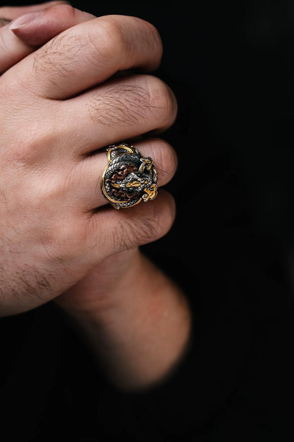 Original Green Snake Ring, Hand-Carved 925 Sterling Silver Gold Plated Men's Ring, Chinese Zodiac Year of the Snake Jewelry