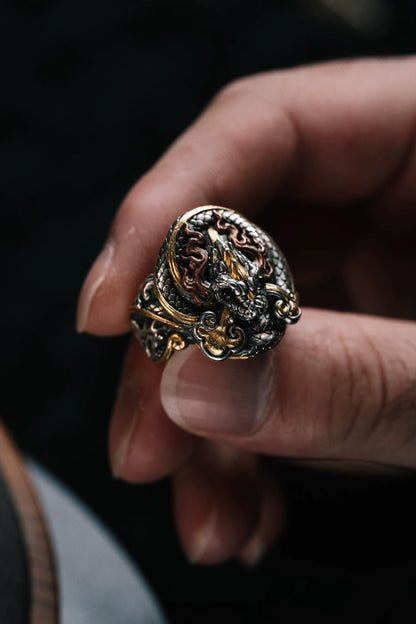 Original Green Snake Ring, Hand-Carved 925 Sterling Silver Gold Plated Men's Ring, Chinese Zodiac Year of the Snake Jewelry