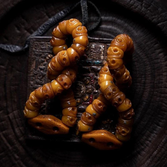Handcrafted Tibetan Yak Bone Bracelet - Original Design Citipati Skull Mala - Hand-Cut Yak Bone Beads - Himalayan Prayer Beads for Meditatio