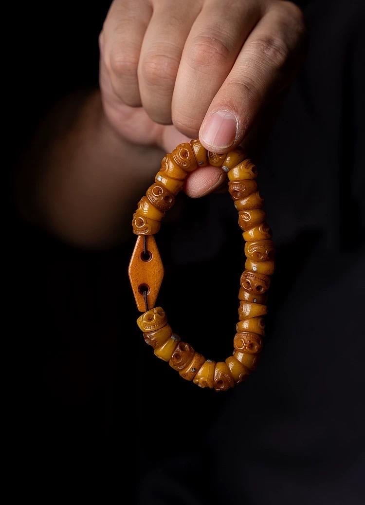 Handcrafted Tibetan Yak Bone Bracelet - Original Design Citipati Skull Mala - Hand-Cut Yak Bone Beads - Himalayan Prayer Beads for Meditatio