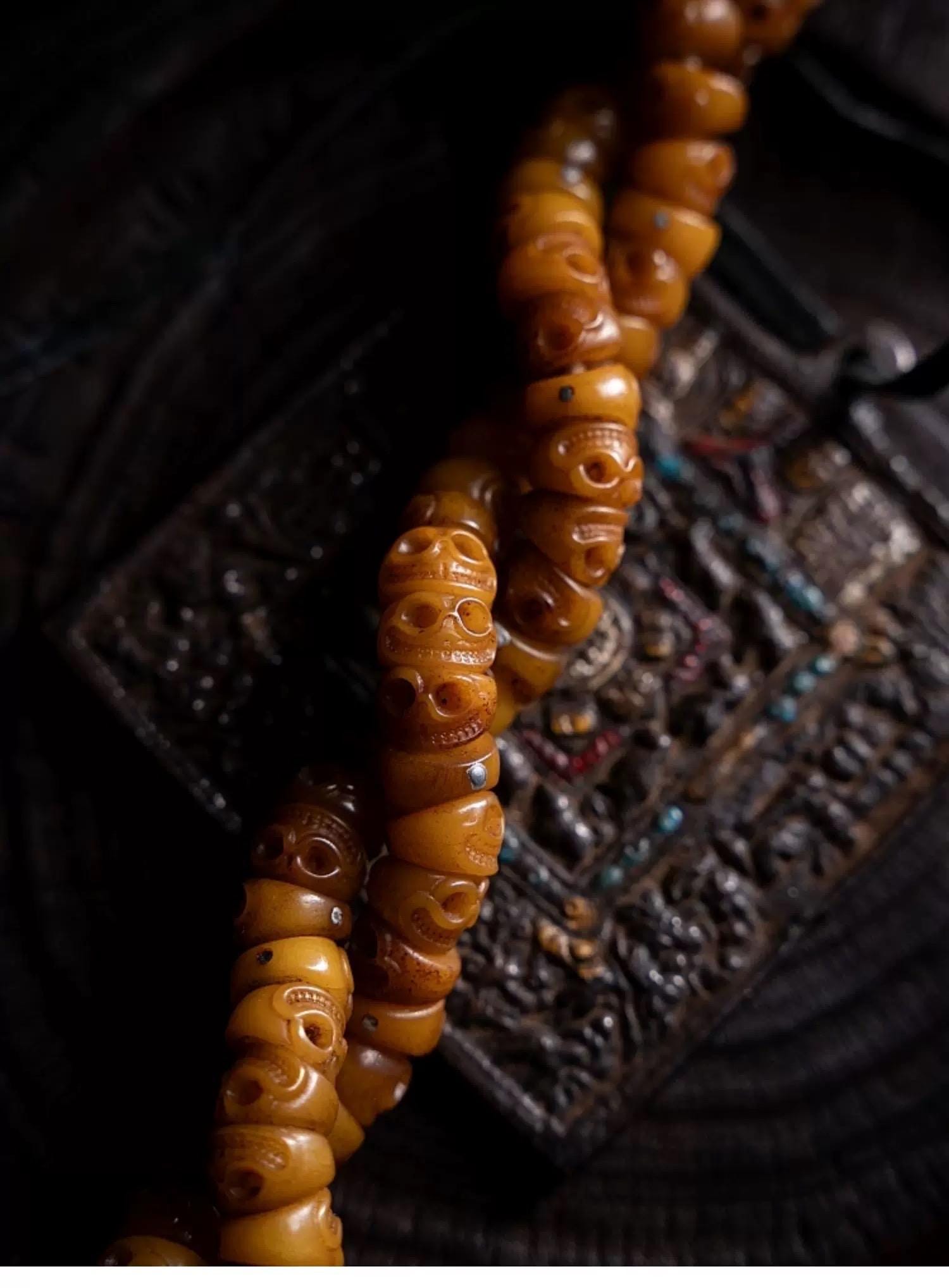 Handcrafted Tibetan Yak Bone Bracelet - Original Design Citipati Skull Mala - Hand-Cut Yak Bone Beads - Himalayan Prayer Beads for Meditatio