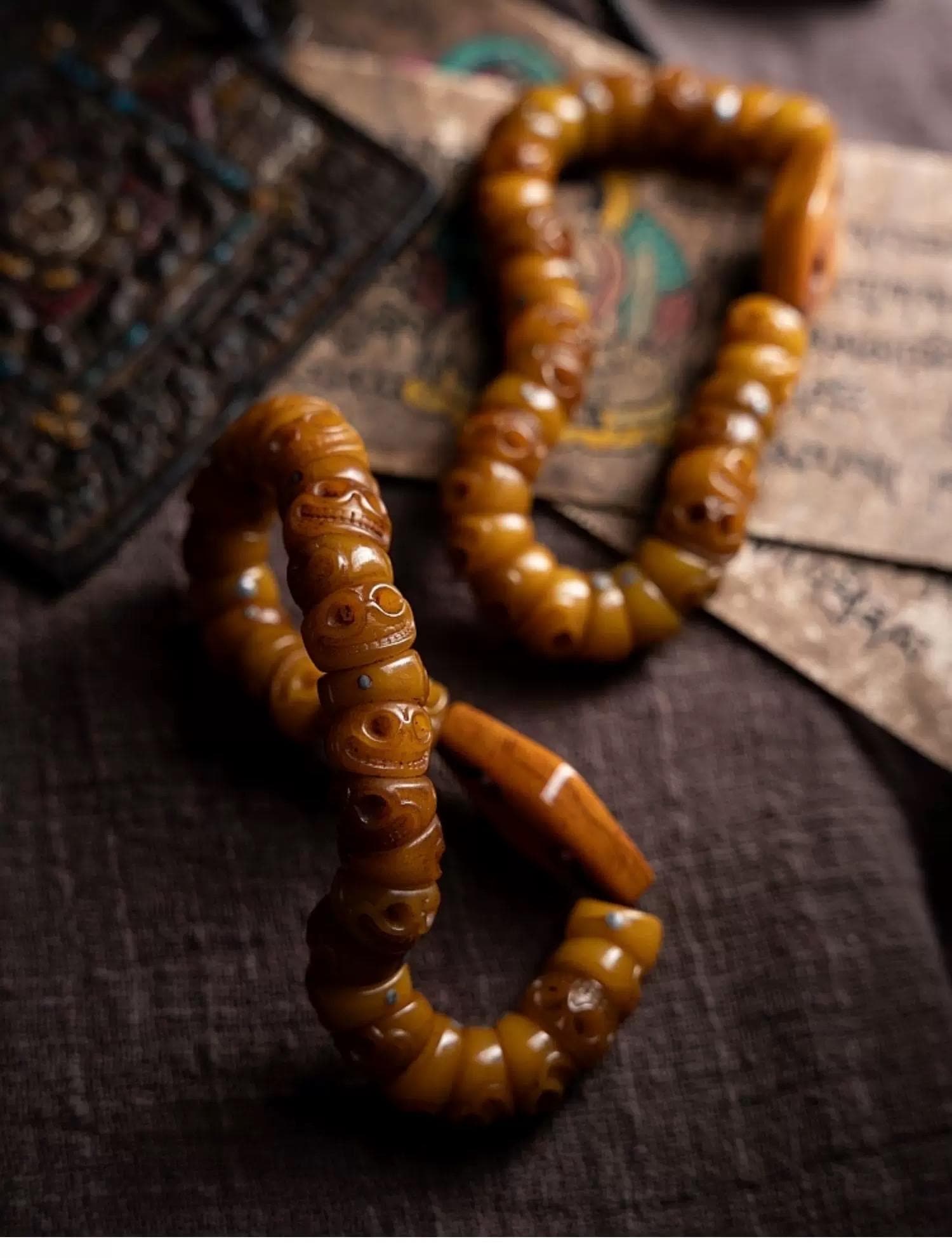 Handcrafted Tibetan Yak Bone Bracelet - Original Design Citipati Skull Mala - Hand-Cut Yak Bone Beads - Himalayan Prayer Beads for Meditatio
