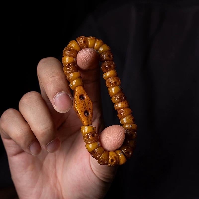 Handcrafted Tibetan Yak Bone Bracelet - Original Design Citipati Skull Mala - Hand-Cut Yak Bone Beads - Himalayan Prayer Beads for Meditatio