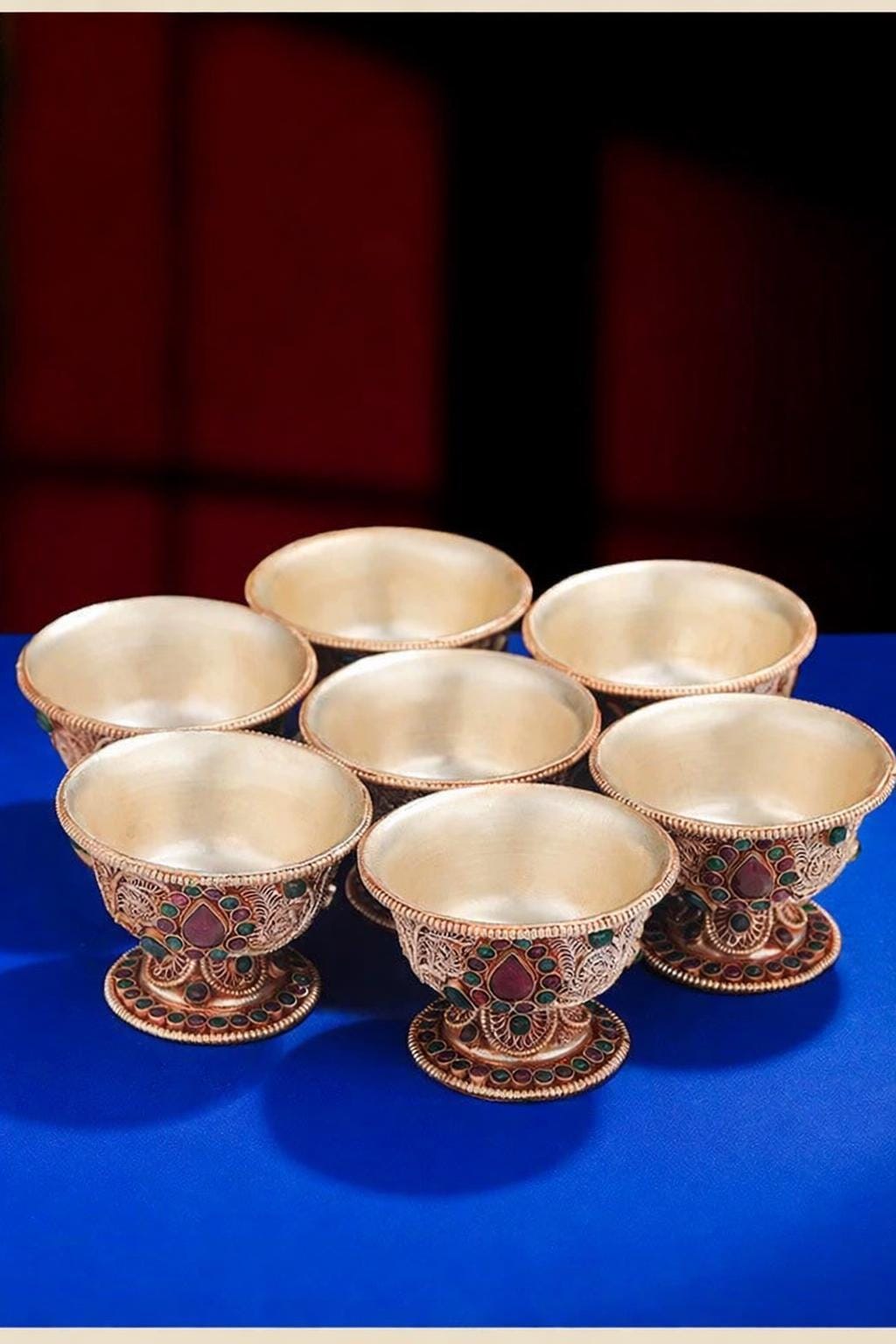 Handmade Silver Plated Copper Water Offering Bowl, 8cm Filigree Cup Inlaid with Gemstones, Tibetan Ritual Altar Supplies, Spiritual Gift