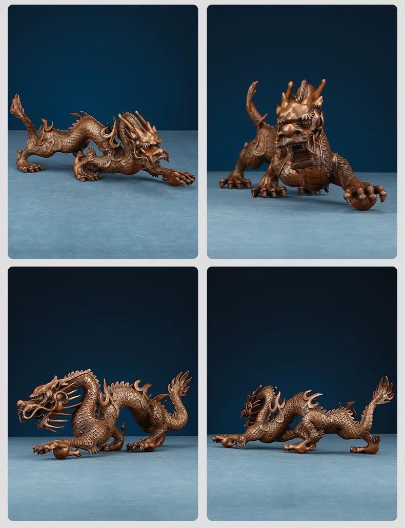 Handmade Pure Copper Dragon Statue - Chinese Bronze Jiao-Long Sculpture, Zen Home Office Decor, Feng Shui Figurine for Wealth & Protection