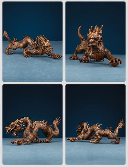 Handmade Pure Copper Dragon Statue - Chinese Bronze Jiao-Long Sculpture, Zen Home Office Decor, Feng Shui Figurine for Wealth & Protection