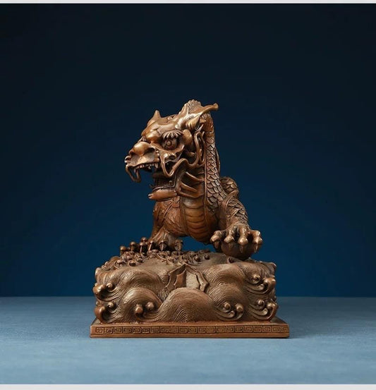 Handmade Pure Copper Dragon Statue - Chinese Bronze Jiao-Long Sculpture, Zen Home Office Decor, Feng Shui Figurine for Wealth & Protection