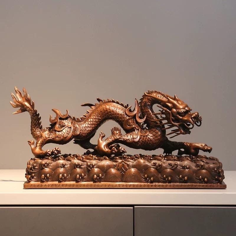 Handmade Pure Copper Dragon Statue - Chinese Bronze Jiao-Long Sculpture, Zen Home Office Decor, Feng Shui Figurine for Wealth & Protection