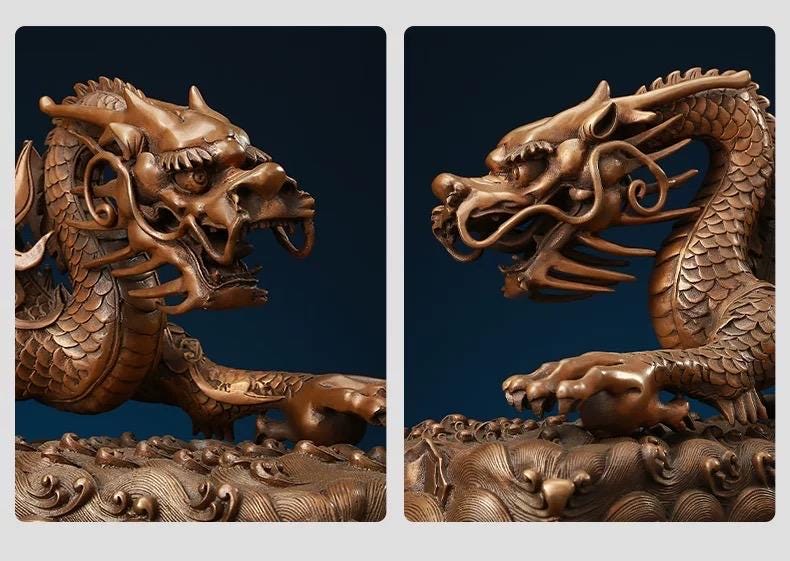 Handmade Pure Copper Dragon Statue - Chinese Bronze Jiao-Long Sculpture, Zen Home Office Decor, Feng Shui Figurine for Wealth & Protection