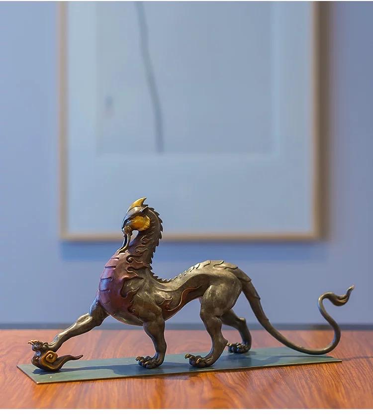 Mythical Beast Pi Xiu Statue, Chinese Guardian Lion Color Copper Art, Feng Shui Home Office Decor, Housewarming Gift, Good Luck Sculpture