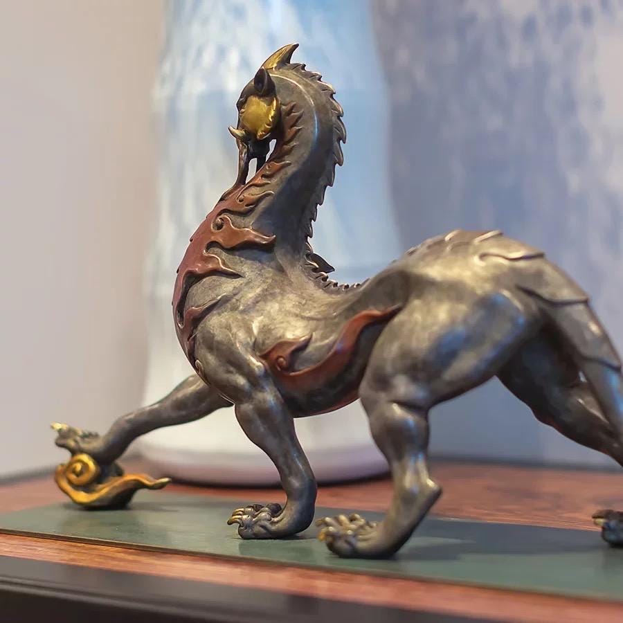 Mythical Beast Pi Xiu Statue, Chinese Guardian Lion Color Copper Art, Feng Shui Home Office Decor, Housewarming Gift, Good Luck Sculpture